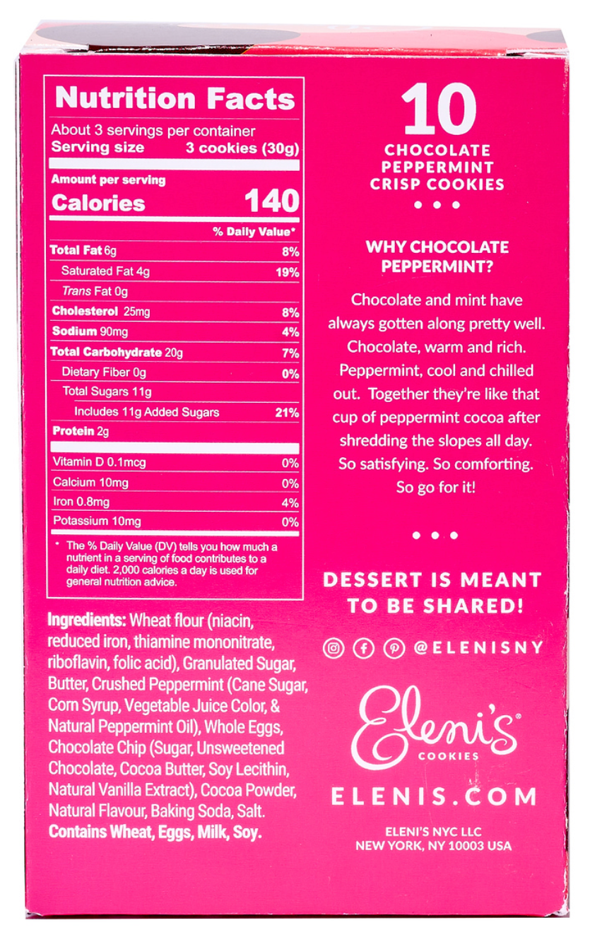 Pink box of Elenis cookies with nutrition facts and ingredients listed