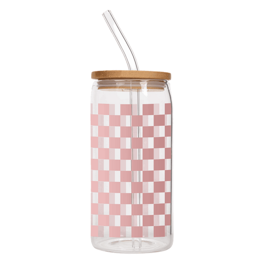 Pink Checkered 17 oz Can Glass w/ Straw and Lid - Decor - Flair Flower Bar & Studio