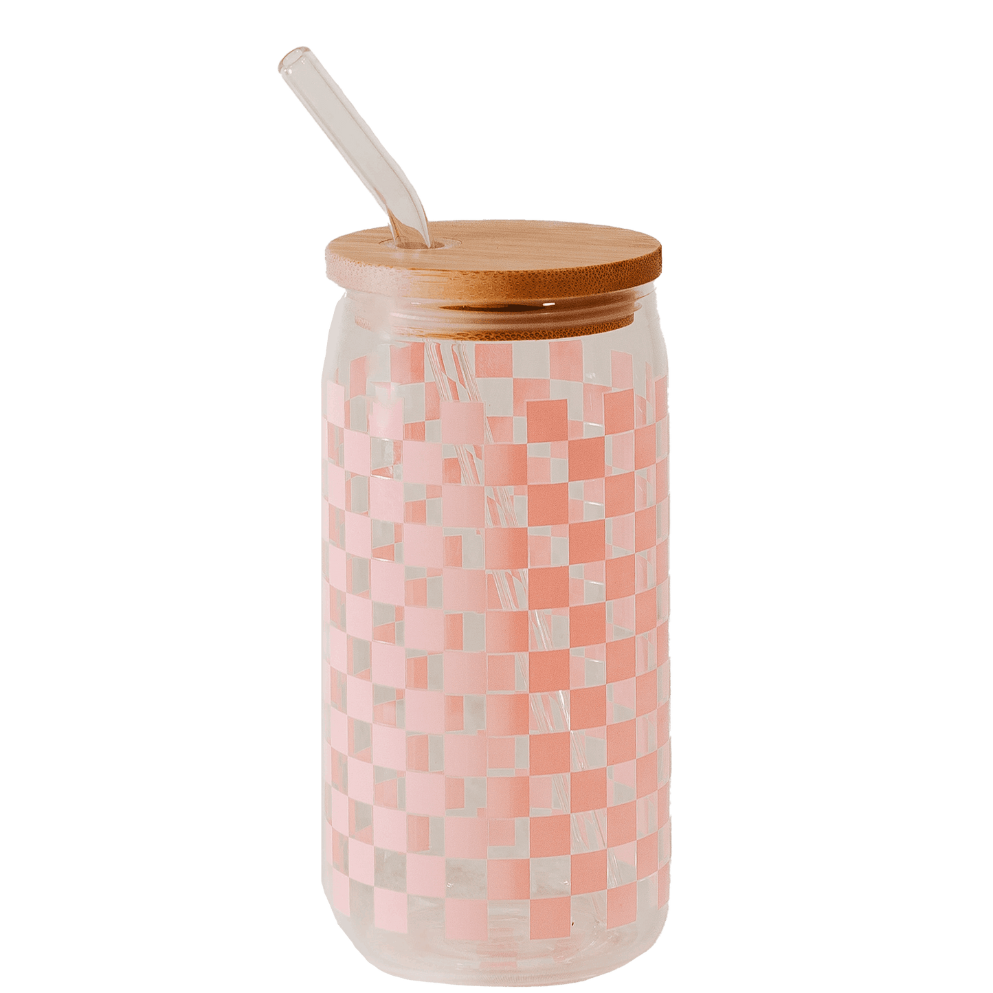 Pink Checkered 17 oz Can Glass w/ Straw and Lid - Decor - Flair Flower Bar & Studio