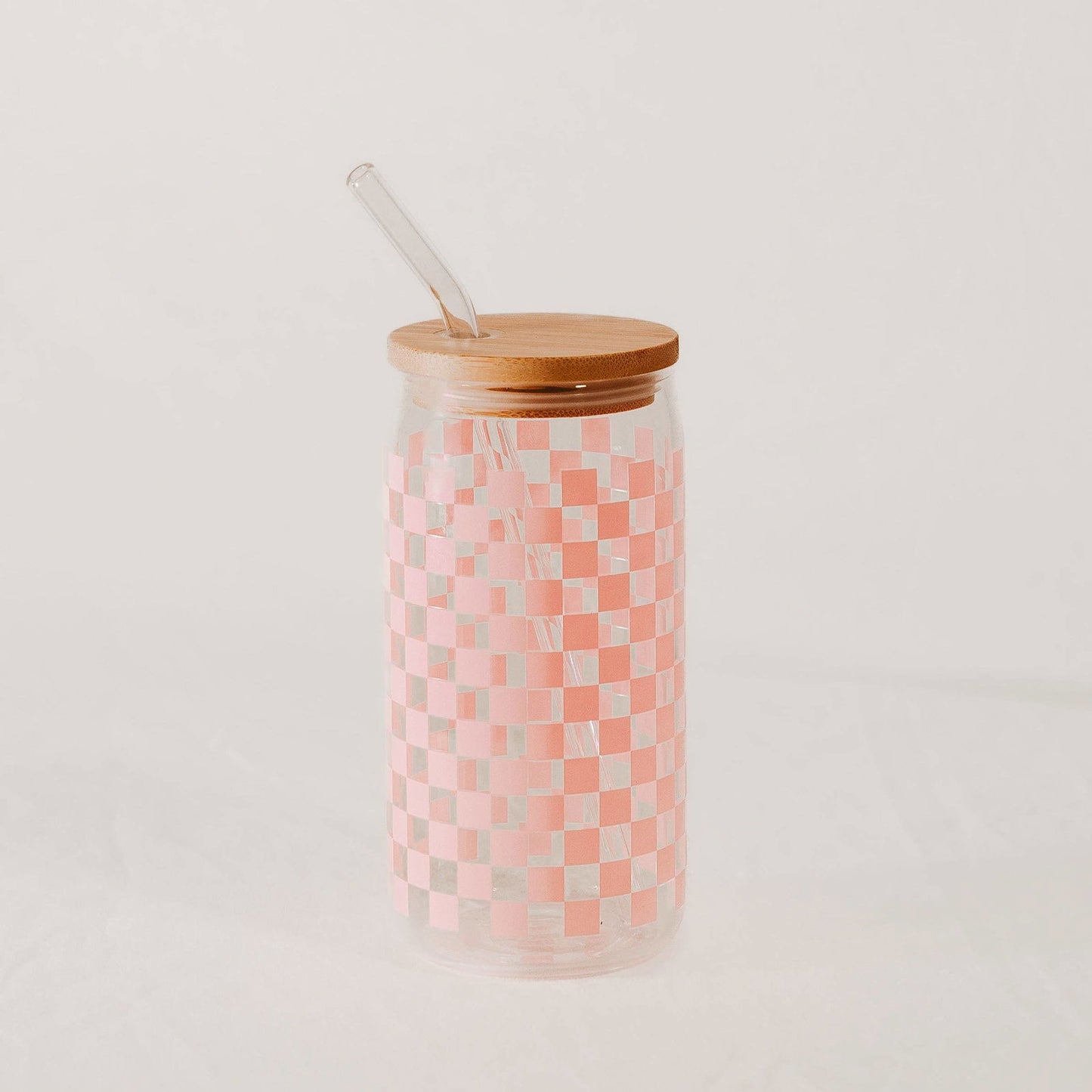 Pink Checkered 17 oz Can Glass w/ Straw and Lid - Decor - Flair Flower Bar & Studio