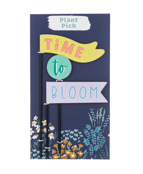Plant pick with 'Time to Bloom' text on a dark blue background