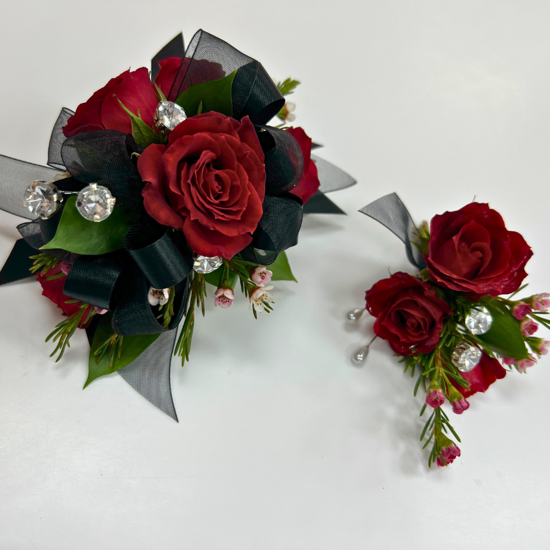 Homecoming and Prom Corsage in Black and Red with Rhinestones