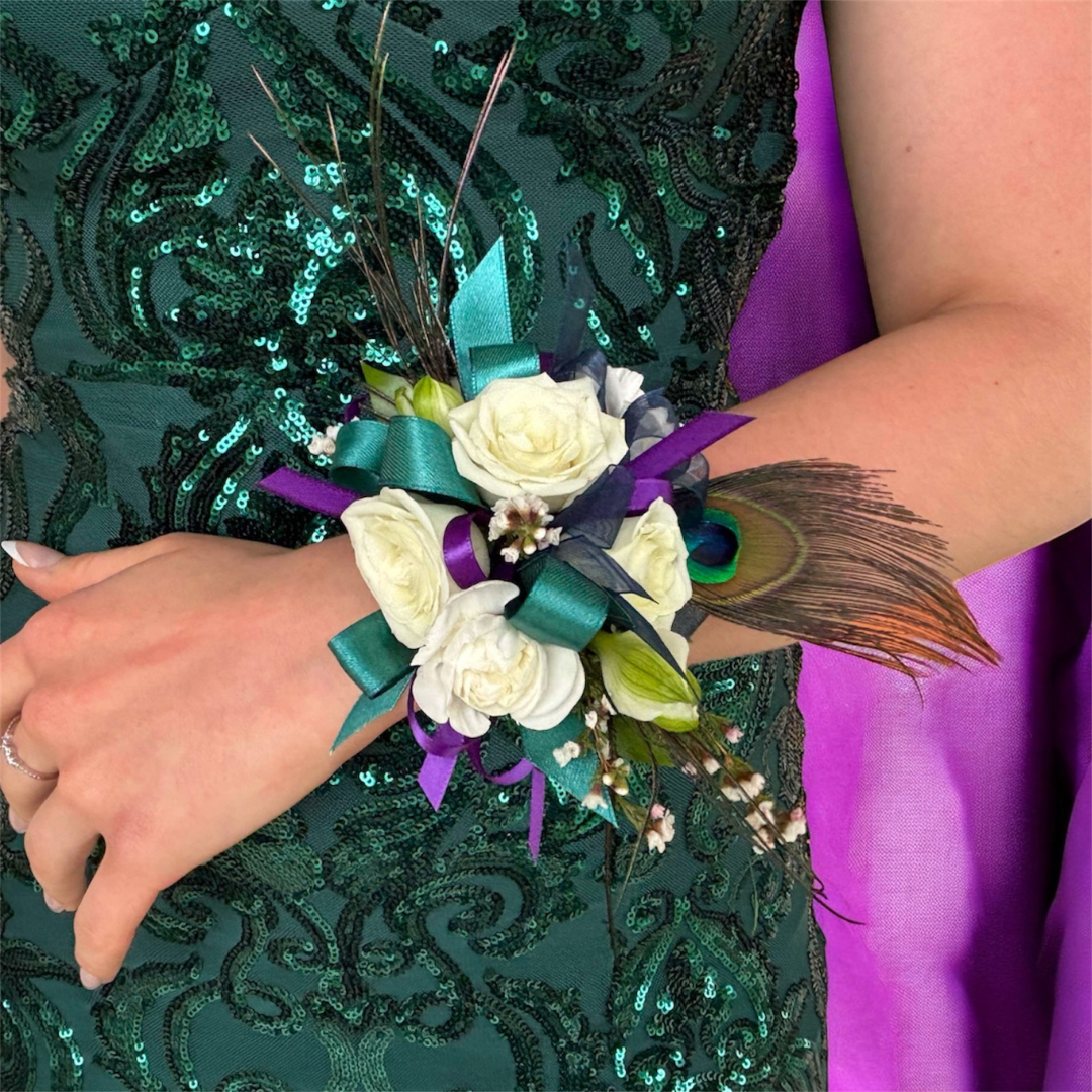 Custom Prom Corsage with Peacock Feathers