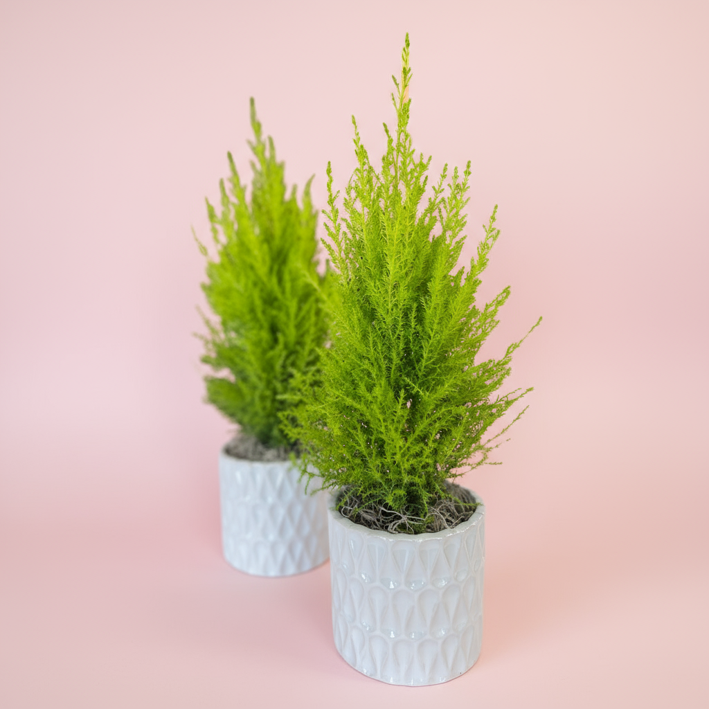 Potted Lemon Cypress Tree in White Ceramic Pot – 4” Fresh Plant