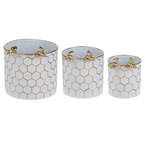 White & Gold Honeycomb with Bee Planter - Flair Flower Bar & Studio