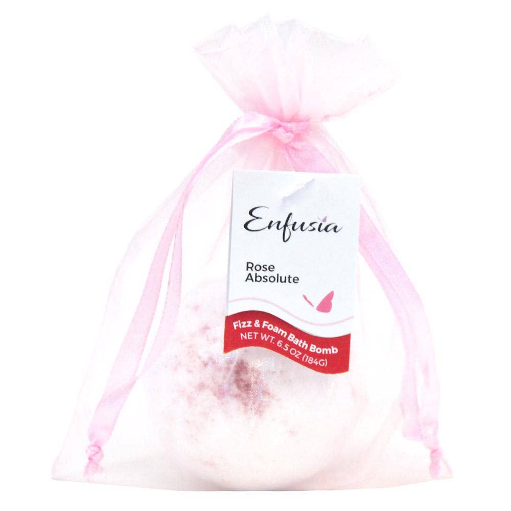 Enfusia Rose Absolute bath bomb in a pink drawstring bag on a white background