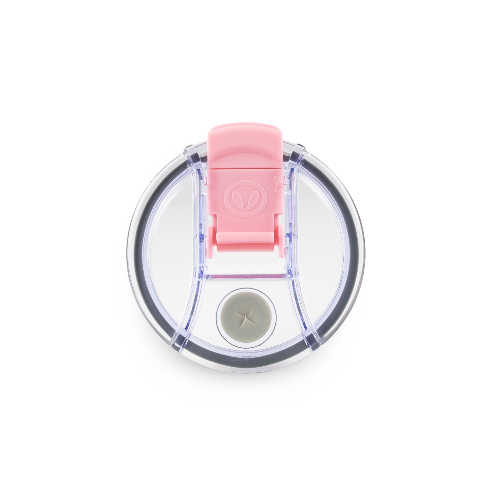 Clear circular top of tumbler with pink clip on a white background