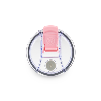Clear circular top of tumbler with pink clip on a white background