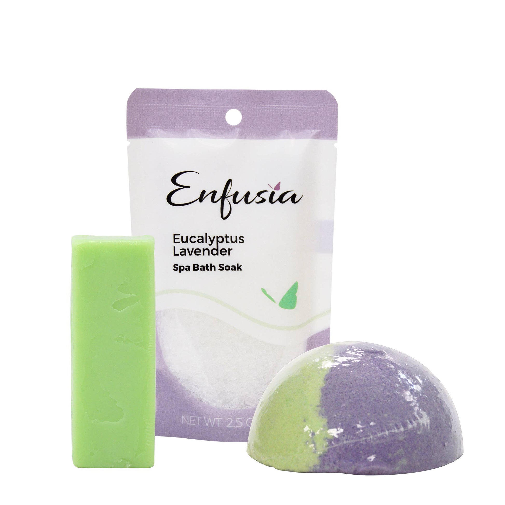 Enfusia Eucalyptus Lavender Spa Bath Soak with packaging and product on a white background