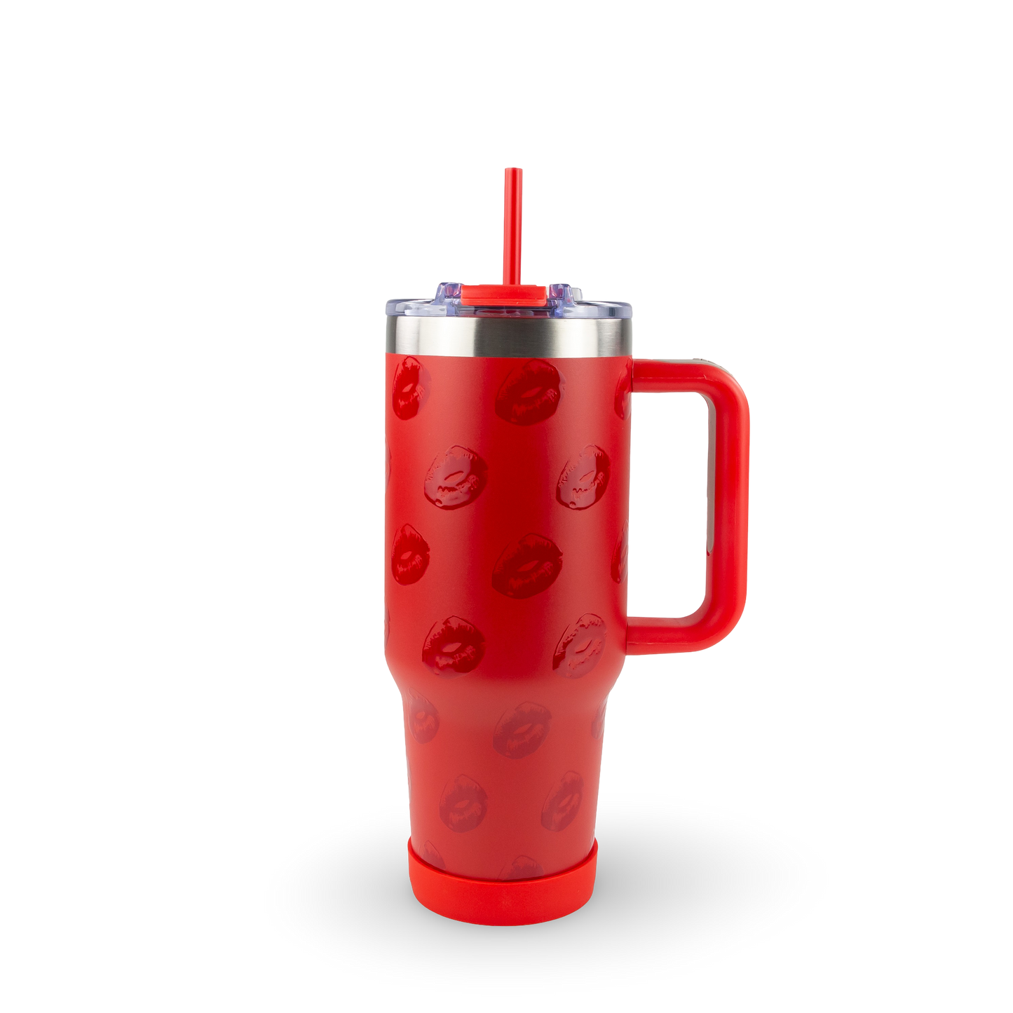 Red tumbler with handle and straw on a white background