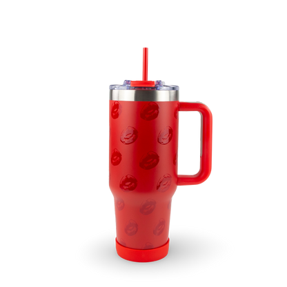 Red tumbler with handle and straw on a white background