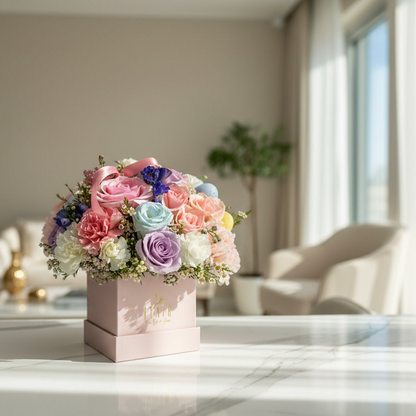 Pastel flower arrangement in a box on a marble surface with a blurred indoor background