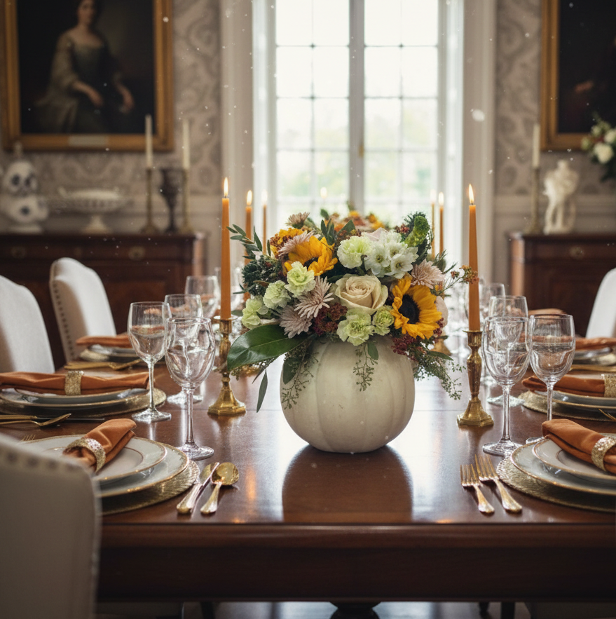 Dining table set with floral centerpiece, candles, and elegant tableware in a classical room.