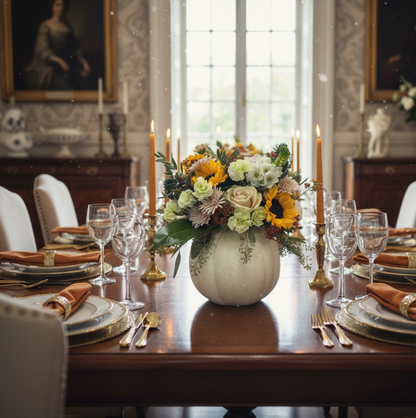 Dining table set with floral centerpiece, candles, and elegant tableware in a classical room.