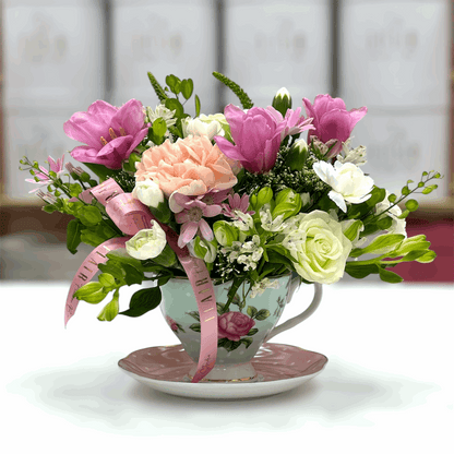 Tea Time in Bloom – Designer’s Choice Teacup Arrangement