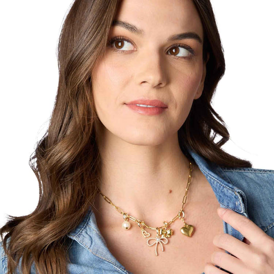 Lucky Charm Coquette Gold Plated Paper Clip Chain with 5 Detachable Charms - Metal/Stone