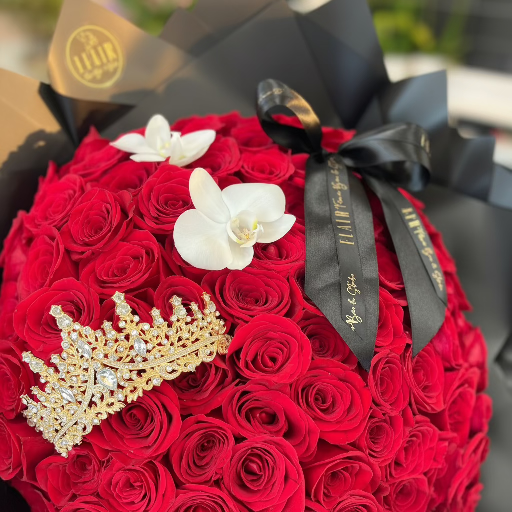 Bouquet of red roses with white orchids and a decorative tiara crown, wrapped in black paper.