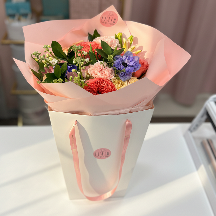 Bouquet of colorful flowers wrapped in pink paper with a white box on a blurred background