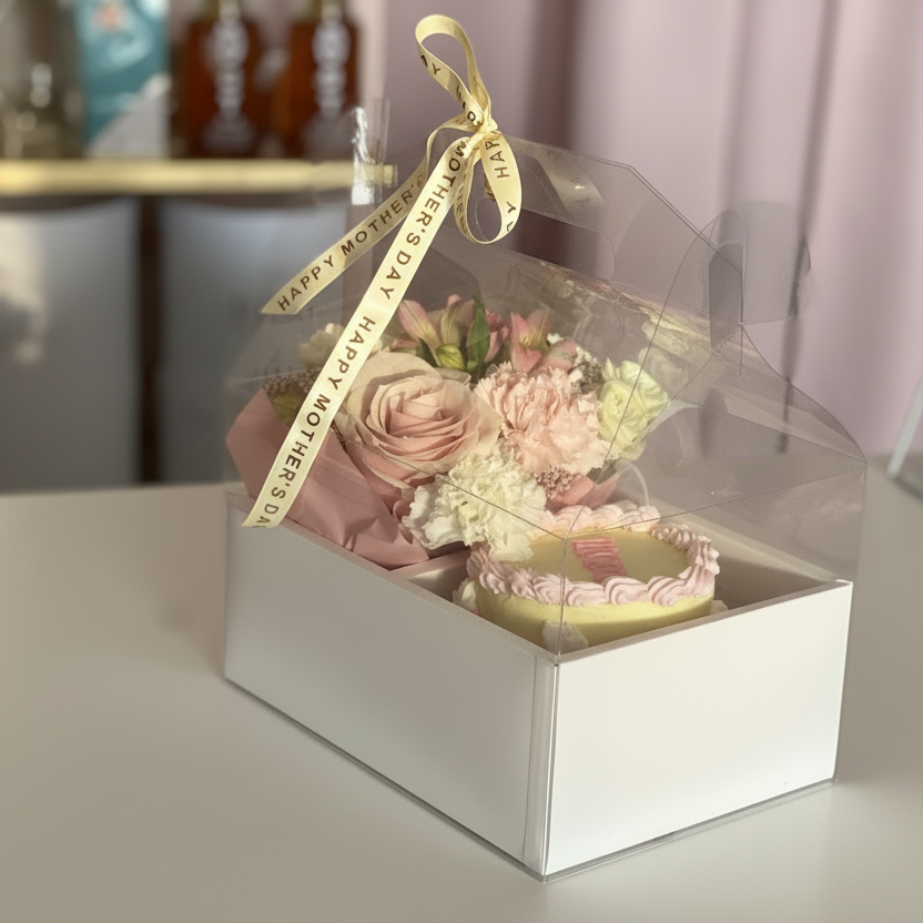 Mother's Day gift box with flowers and a cookie, tied with a ribbon, on a light surface.