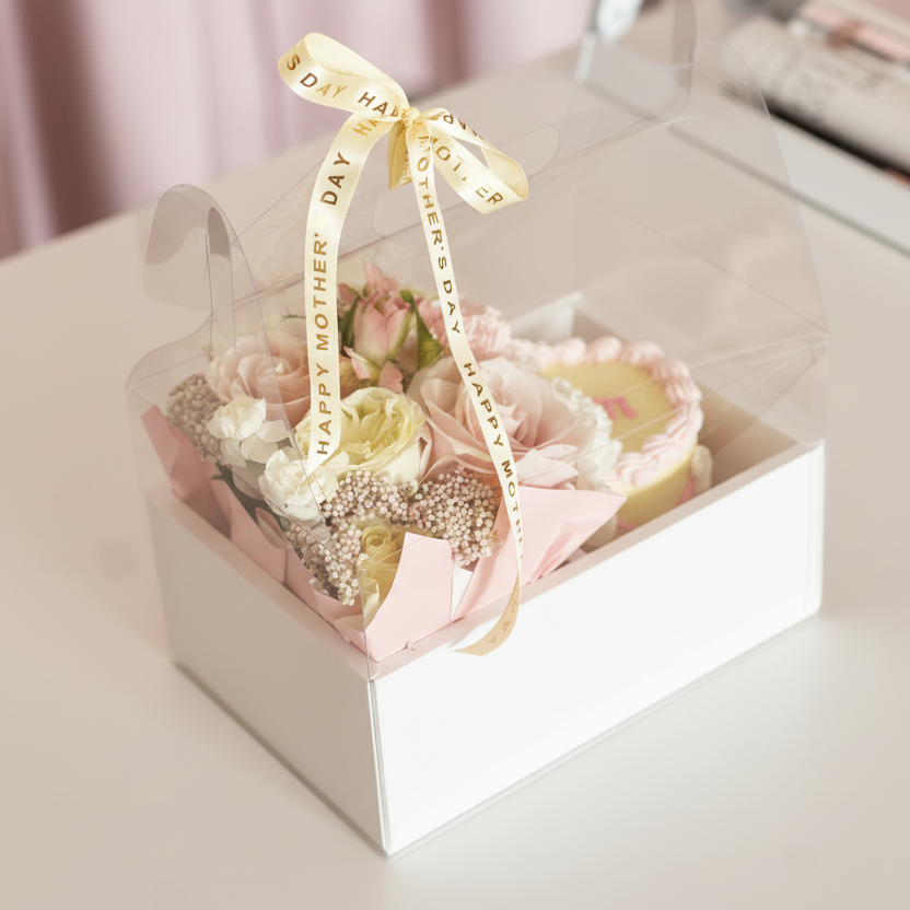Gift box with flowers and a cake, featuring a gold ribbon with 'Happy Mother's Day' text.