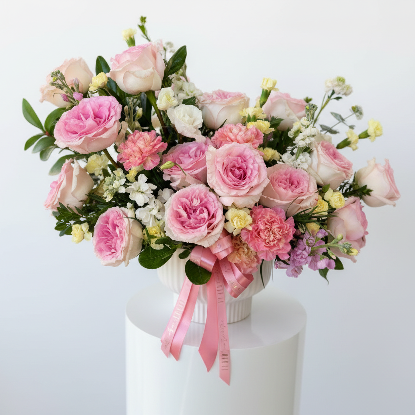 Bouquet of pink and white flowers with a pink ribbon on a white pedestal.