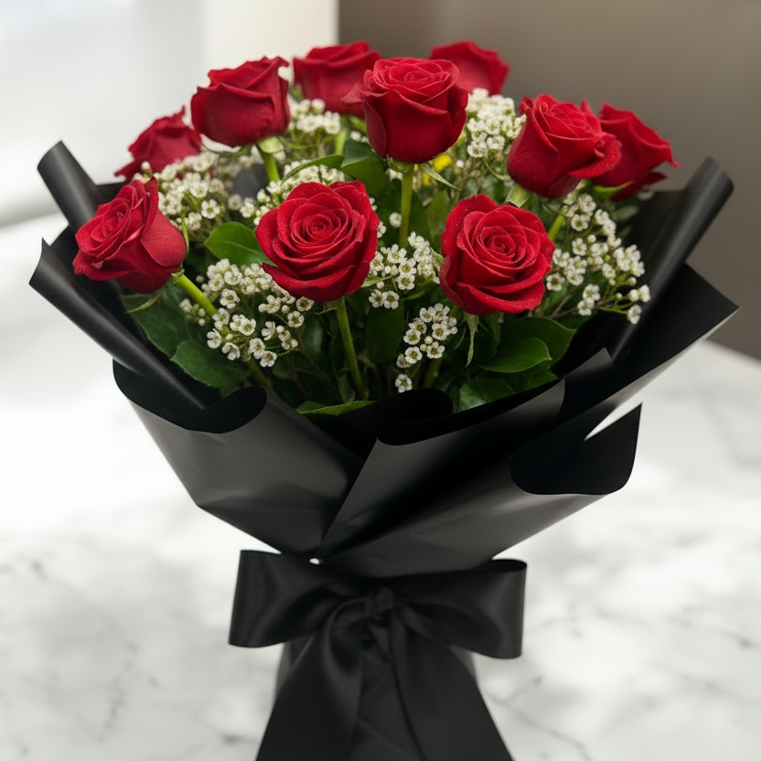 Bouquet of red roses with black wrap on a marble surface for engagement, anniversary or valentines in greater Cincinnati for delivery’