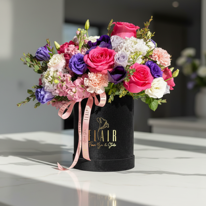 Colorful flower arrangement in a black velvet box with 'Flair' branding on a pink background from Florence Kentucky florist Flair Flower Bar