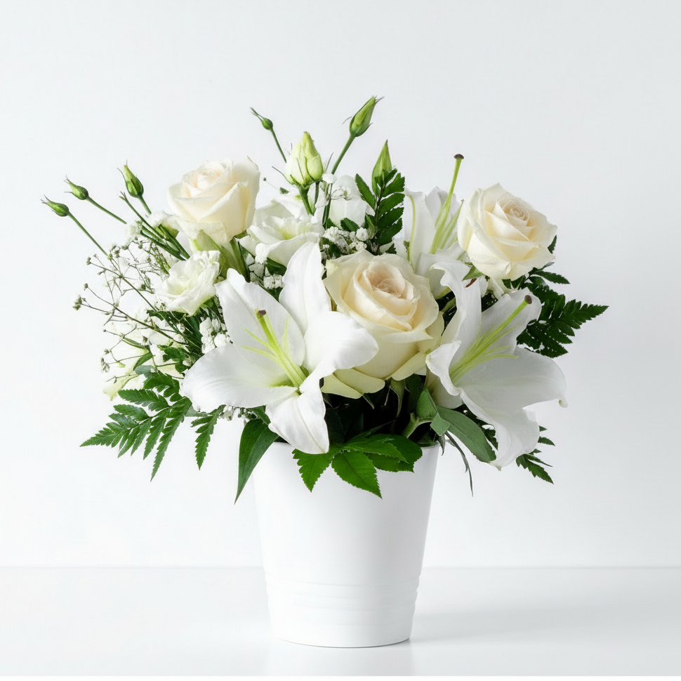 Bouquet of white flowers in a white vase on a light gray background