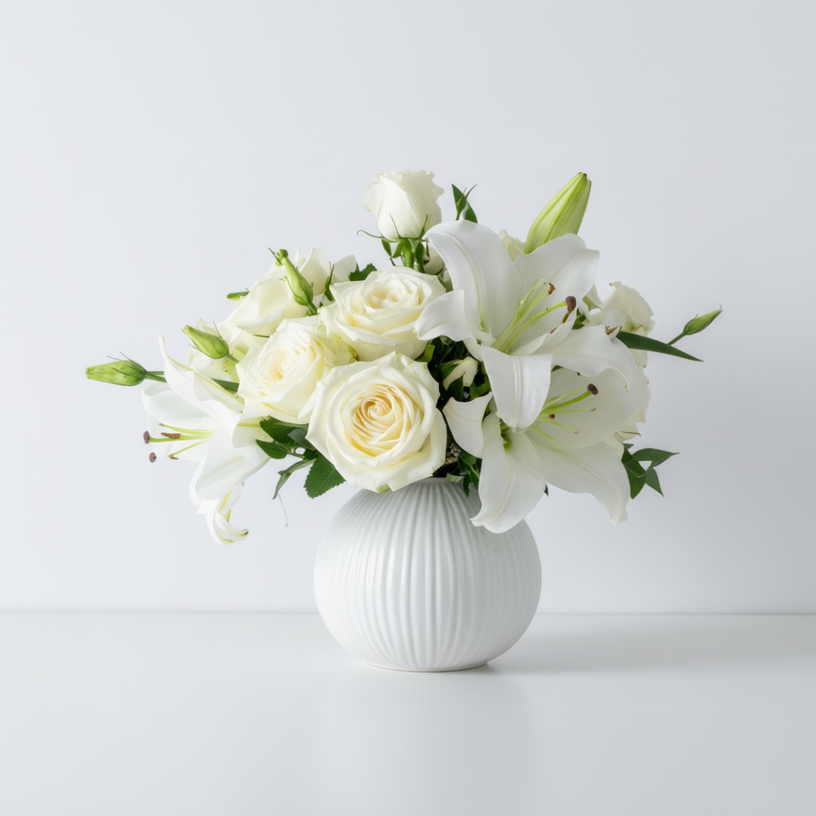 Bouquet of white flowers in a gray vase on a light gray background