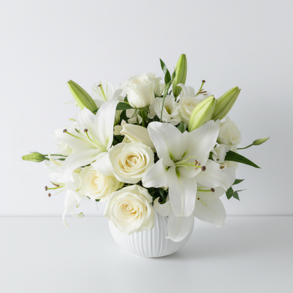 Bouquet of white flowers in a gray vase on a light gray background