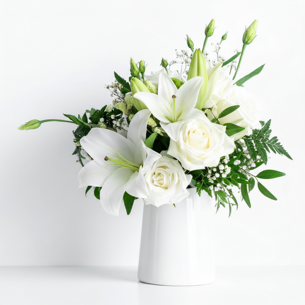Bouquet of white flowers in a white vase on a white background for sympathy arrangement