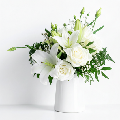Bouquet of white flowers in a white vase on a white background for sympathy arrangement