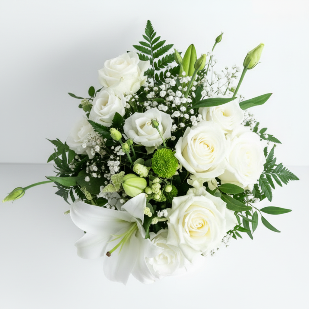 Bouquet of white flowers with greenery on a light background