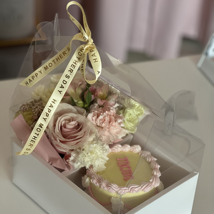 Gift box with flowers and a cake on a white surface for Mother's Day Gift for local delivery in Florence and Cincinnati by Flair Flower Bar