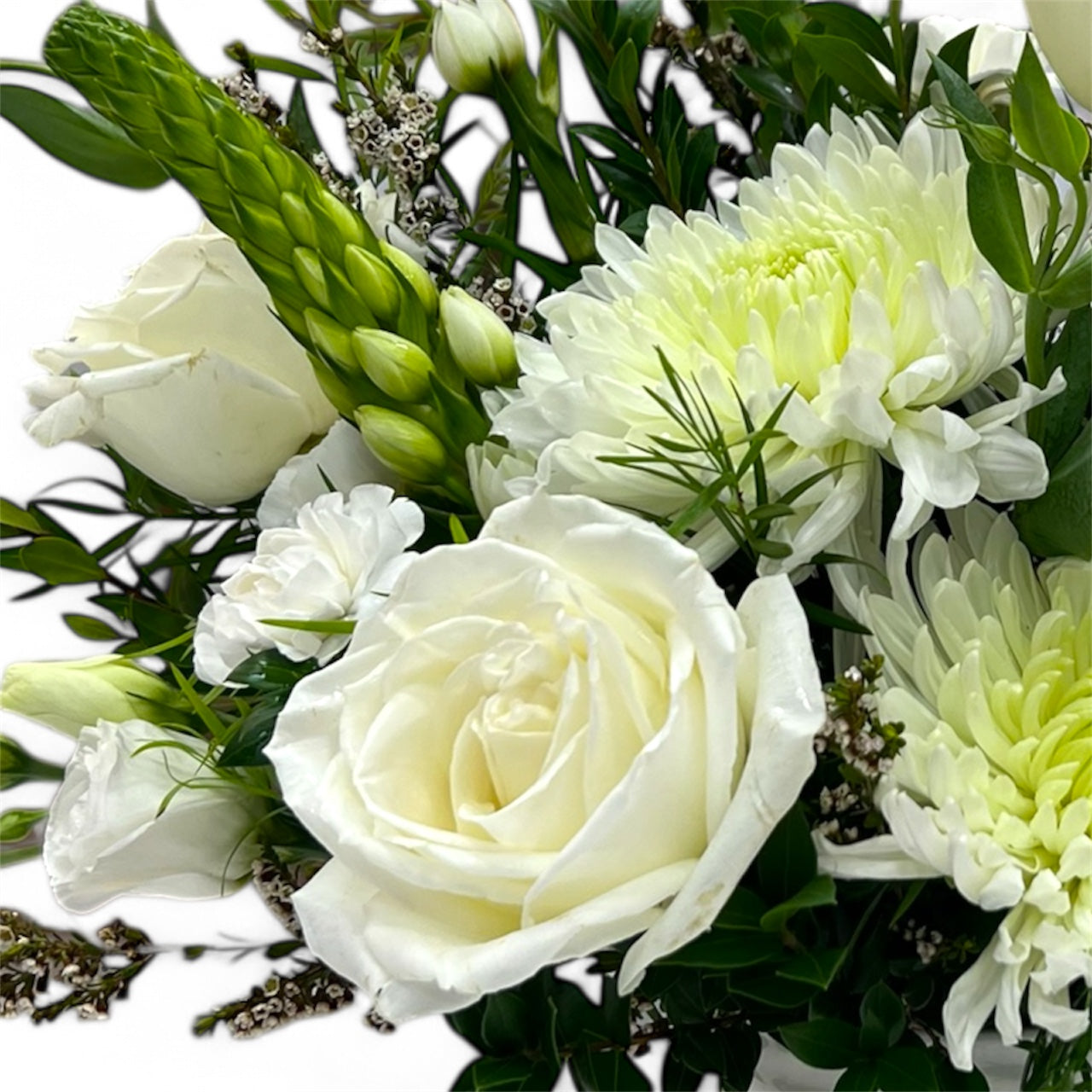 Bouquet of white and light green flowers with greenery on a white background