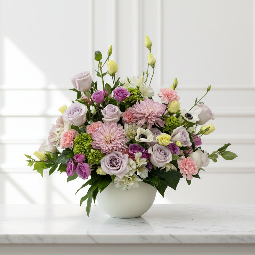 Funeral flowers in a vase on a table with a blurred background for sympathy funeral delivery in Florence, Kentucky