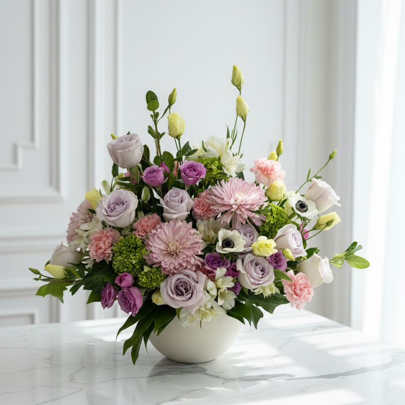 Sympathy funeral flowers in a white vase on a marble surface with a white background for local delivery in Cincinnati and Florence, Kentucky