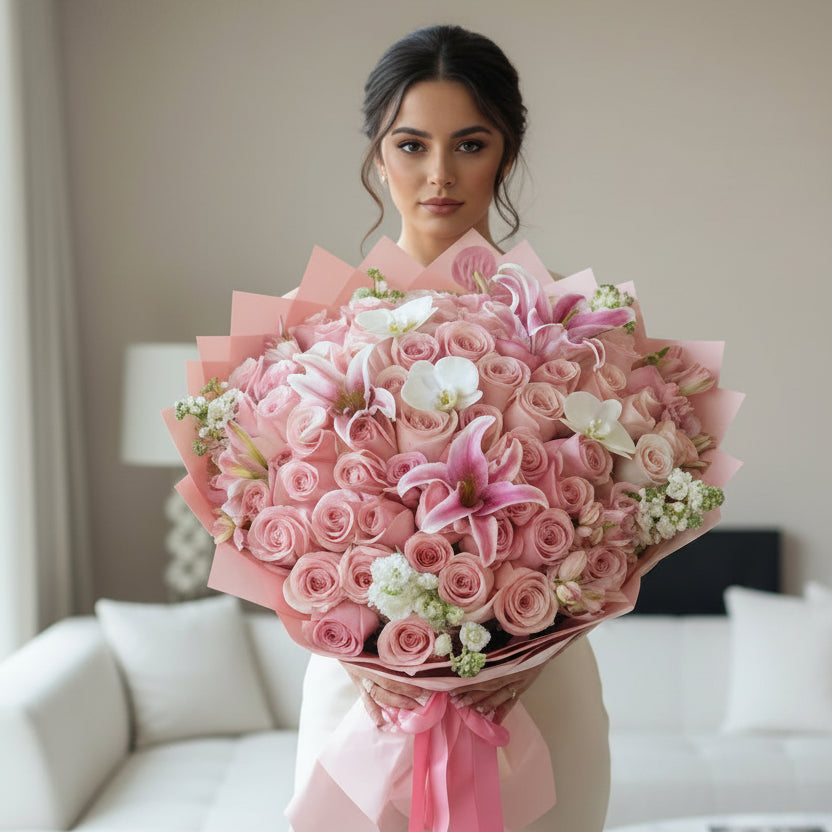 Luxury pink rose bouquet handcrafted by Flair Flower Bar & Studio in Florence, Kentucky