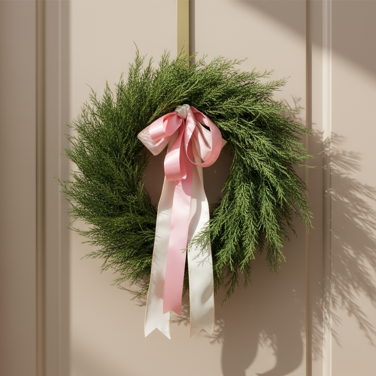 Green wreath with pink and white ribbons on a light gray background
