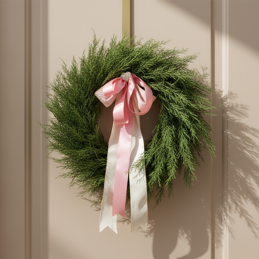 Green wreath with pink and white ribbons on a light gray background
