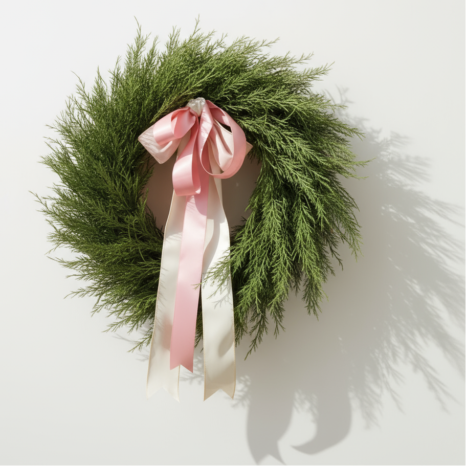 Green wreath with pink and white ribbons on a light background