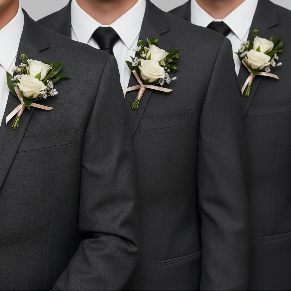 Three men in suits with white floral boutonnieres on a gray background for wedding in Cincinnati 