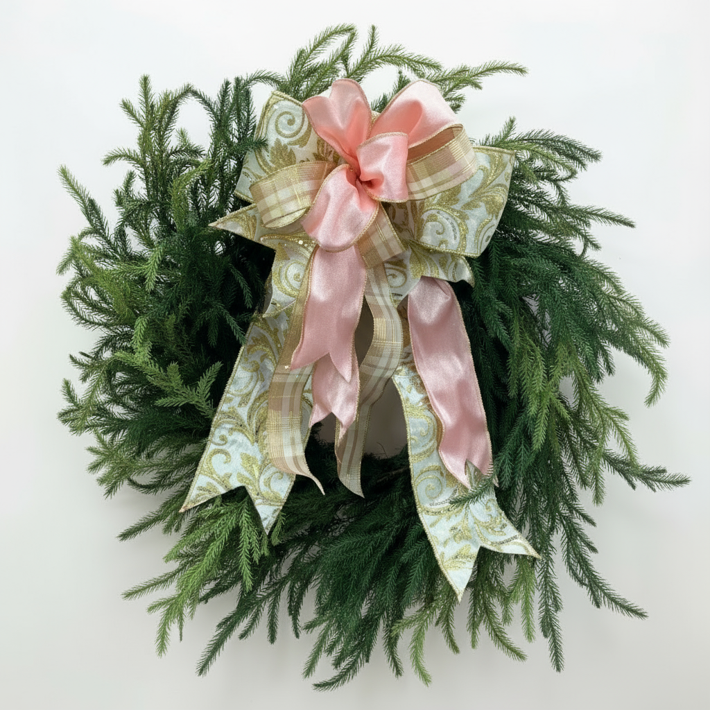 Green wreath with a pink and gold bow on a pink background