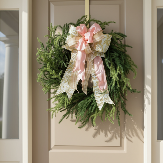 Green wreath with pink and white ribbons on a door