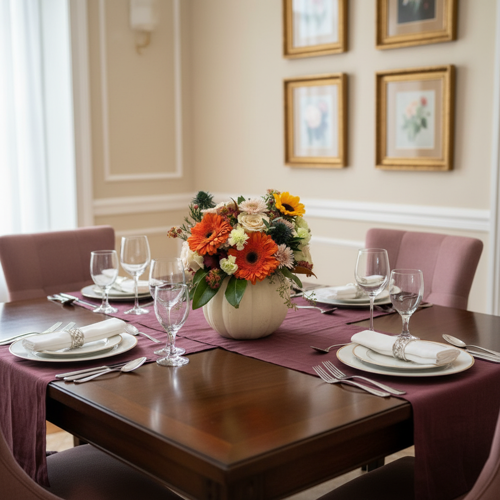 Thanksgiving centerpiece pumpkin arrangement on table