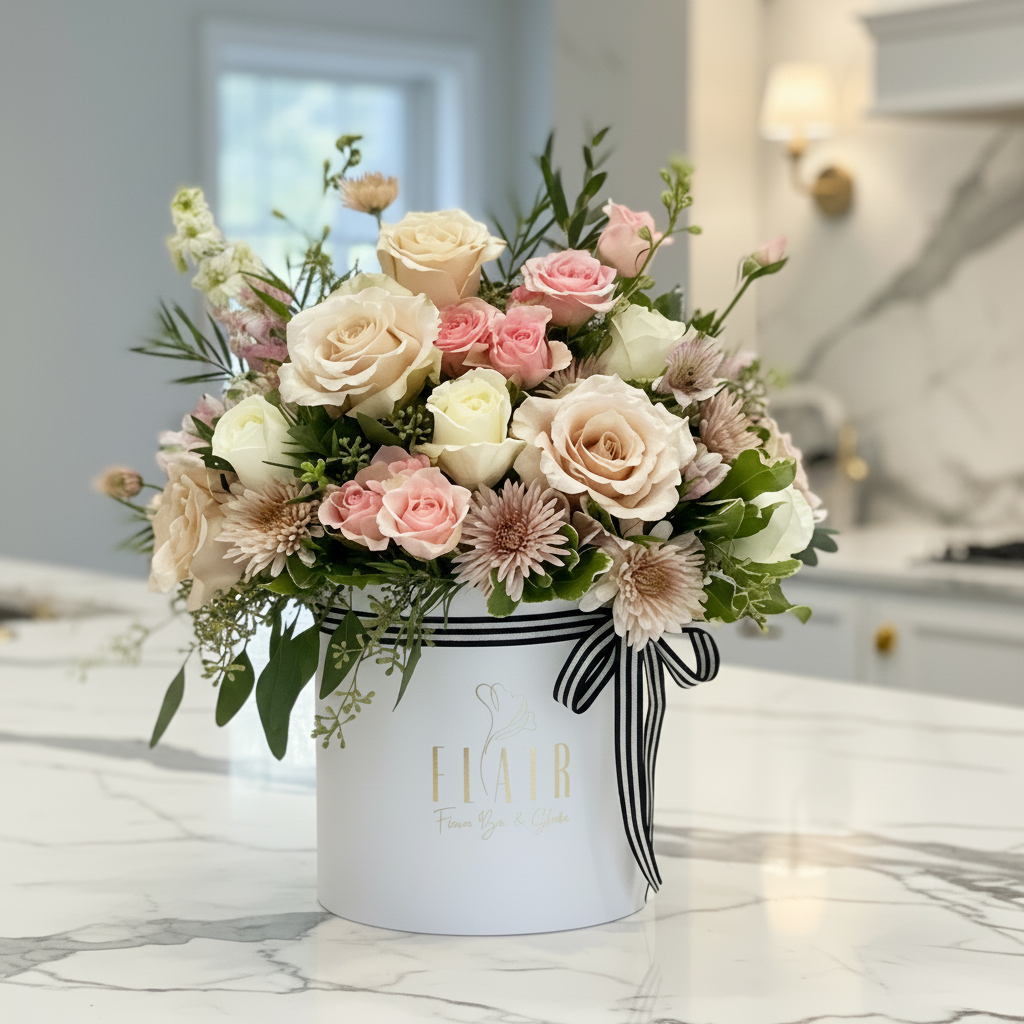 Floral arrangement in a white box with a black and white ribbon on a marble surface.