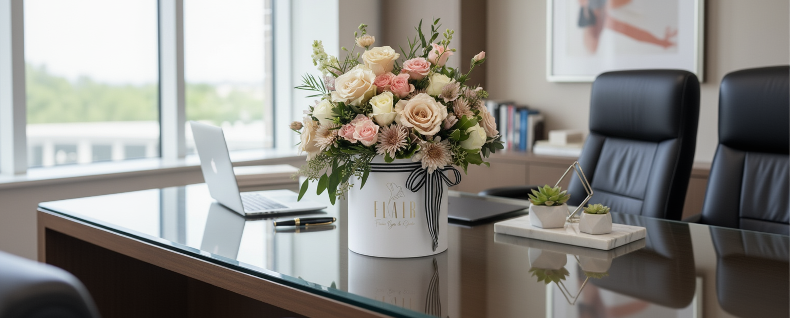 Floral arrangement on a desk in an office setting