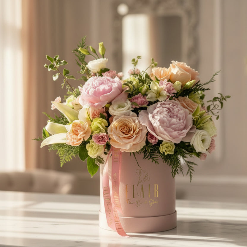 Floral arrangement in a pink box with a pink ribbon on a white surface for flower delivery in Cincinnati