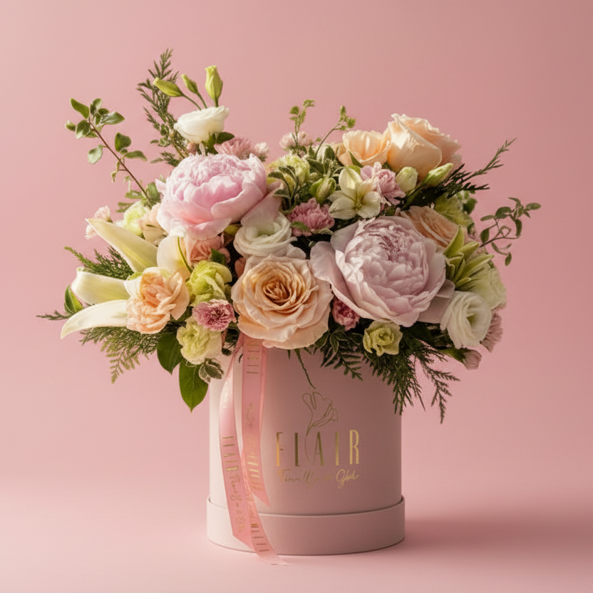 Floral arrangement in a pink box with branding on a pink background from Flair Flower Bar in Florence, Kentucky 