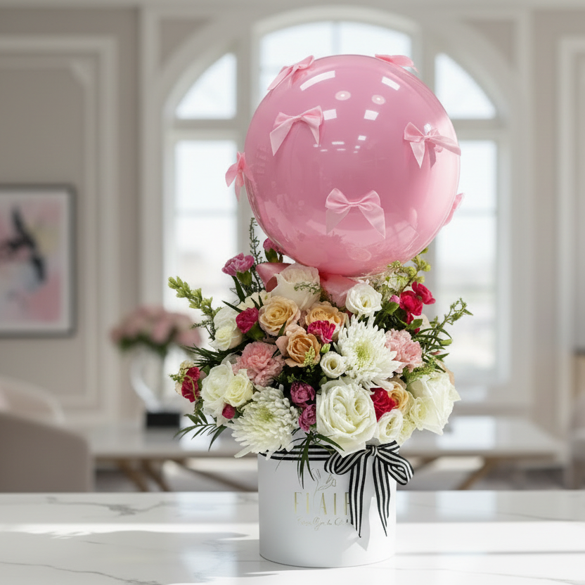 Floral arrangement with a pink balloon and decorative ribbons on a white surface. Local Delivery in Cincinnati and Florence, Kentucky